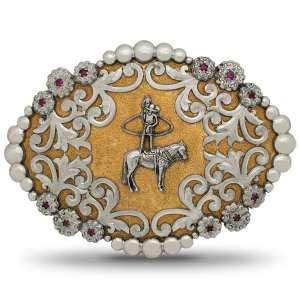 A custom belt buckle for men featuring a charro mexican cowboy  built on a golden bronze hand engraved and matted oval base with silver beads 